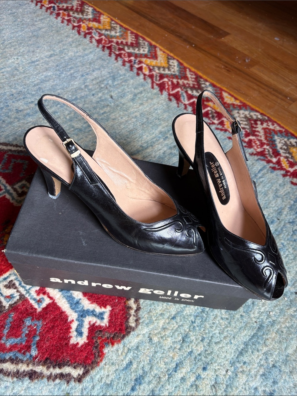 Vintage Andrew Geller Black Slingback Peep-Toe Heels Size 7